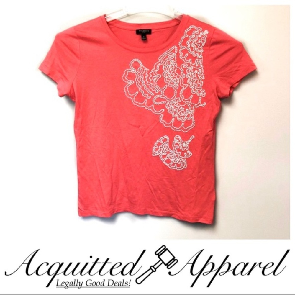 Talbots Petite Coral Pink Beaded Floral Shirt top